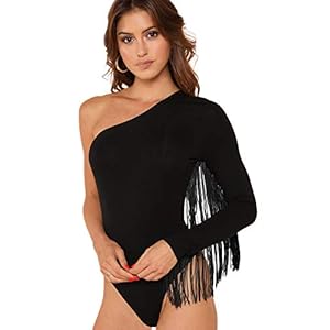 Verdusa-Womens-Fringe-Trim-One-Shoulder-Long-Sleeve-Bodysuit-Top Verdusa Women's Fringe Trim One Shoulder Long Sleeve Thong Bodysuit Top Black M