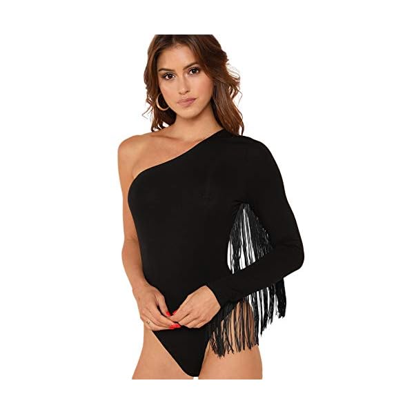 Verdusa-Womens-Fringe-Trim-One-Shoulder-Long-Sleeve-Bodysuit-Top Verdusa Women's Fringe Trim One Shoulder Long Sleeve Thong Bodysuit Top Black M