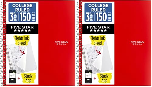 Image of Five Star Spiral Notebook + Study App, 3 Subject, College Ruled Paper, Fights Ink Bleed, Water Resistant Cover, 8-1 /2 inch x 11 inch, 150 Sheets, Red (72065) (Pack of 2)