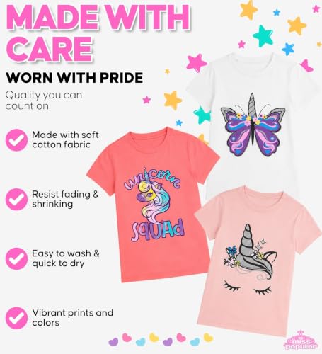 Image of MISS POPULAR Girls 3-Pack Super Soft Short Sleeve T-Shirts Unicorn Butterfly Glitter Print Cute Design| Sizes 7-16