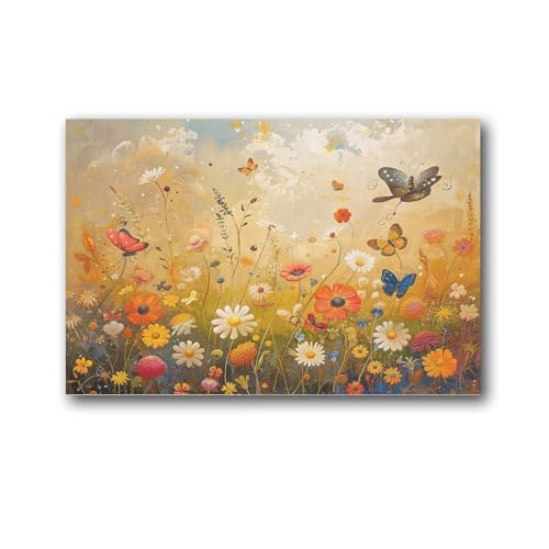 Whimsical Floral Butterfly Artwork Vibrant Colors Summer Meadow Poster Cool