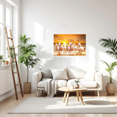 Dharvika Innovations Seven Running Horses Vastu Vinyl Wall Poster, Self Adhesive, Sparkle Lamination, 18 x 24 Inch