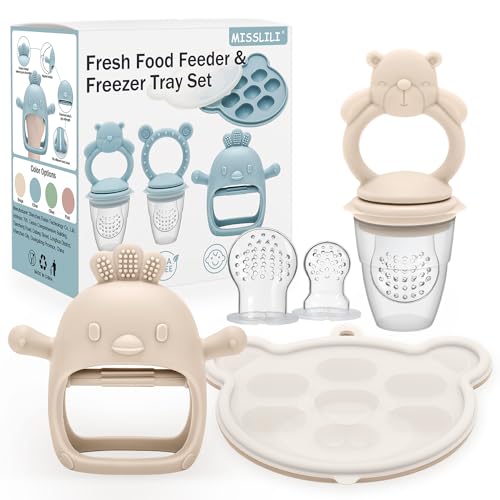 Image of 3 Pack Silicone Teething Mitten for Babies with Baby Fruit Food Feeder & Freezer Tray Set, BPA Free Infant Teething Relief Toy for 3 Month+, Additional Silicone Sacs (Bear Beige)