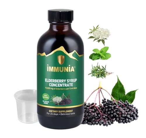 Elderberry Syrup for Adults IMMUNIA. Elderberry Concentrate with Elderflower, Thyme and Peppermint. No Sugar Added. Delicious Taste. 24 Days/Bottle…