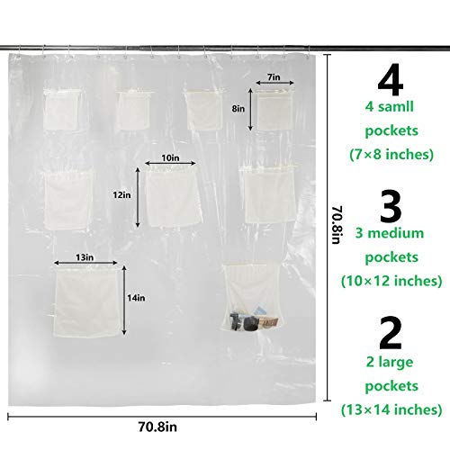 Clear Shower Curtain With Pockets,Peva Plastic Shower Curtain, Shower Curtain Organizer Liner With 9 Pockets For Bathroom (Clear, 71X71 Inch) #TOP1