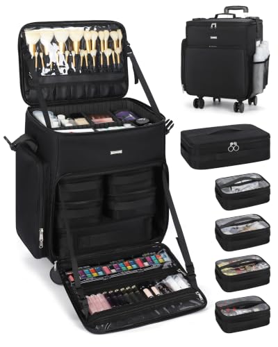 CUBETASTIC Rolling Makeup Case, Professional Cosmology Case on Wheels, Makeup Trolley with 5 Removable Pouches, Makeup Suitcase with Wheels, Rolling Cosmetic Train Case, Hair Stylist Rolling Case