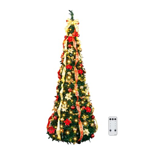 VINGLI 7ft Pre lit Pop Up Christmas Tree with Lights, Pre-Decorated Artificial Pencil Xmas Tree Collapsible Christmas Tree Holiday Party Decorations (Red&Gold)