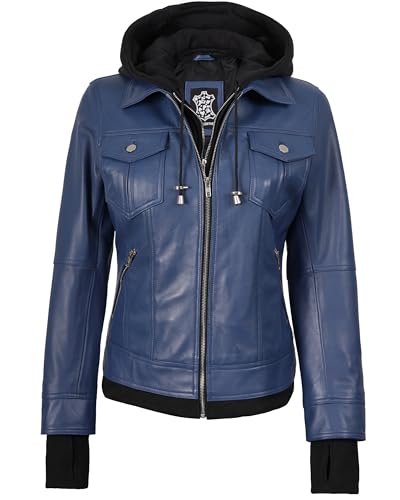 Image of Womens Leather Jacket with Detachable Hood - Real Lambskin Bomber Jacket Thumbholes Women