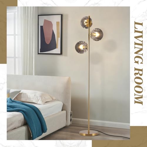 Image of BOKT Mid Century Gold Floor Lamp Modern 3-Light Standing Lamp with Smokey Gary Glass Globe Shade Bright Floor Lamps Office Standing Pole Light for Living Room Bedroom Home Decor