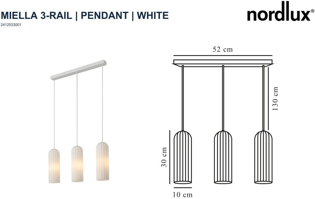 Diagram showing dimensions of Nordlux Miella 3-Rail Pendant Light