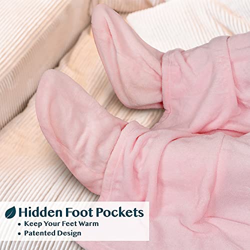 PAVILIA Fleece Blanket with Sleeves and Foot Pockets for Women Men Adults, Wearable Blanket Sleeved Throw Wrap, Plush Hug Sleep Pod Snuggle Blanket Robe, Cozy Gift Ideas Wife Mom, Light Pink