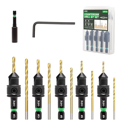 OSTTE 12-PCS Countersink Drill Bit Set, #4#6#8#10#12, 1/4' Hex Shank Counterbore Drill Bits with Magnetic Extension & Hex Key, Adjustable Depth Stop for Wood