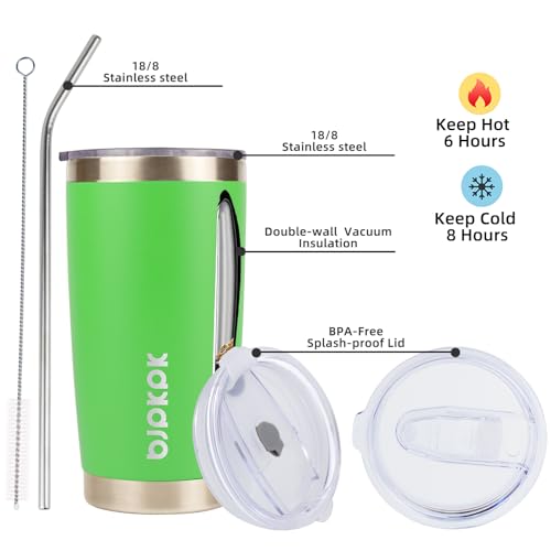 Image of BJPKPK 20 oz Coffee Tumbler with Lid, Straw, Insulated Stainless Steel Mug | Double Wall Vacuum, Keeps Hot /Cold, BPA Free, Leak Proof, Iced Coffee Cup Fit Car Holder, Travel & Beach Ready, Green