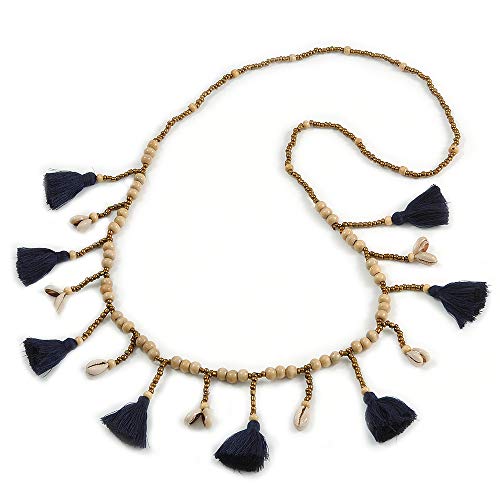Long collier en perles de verre et pompon bleu Avalaya