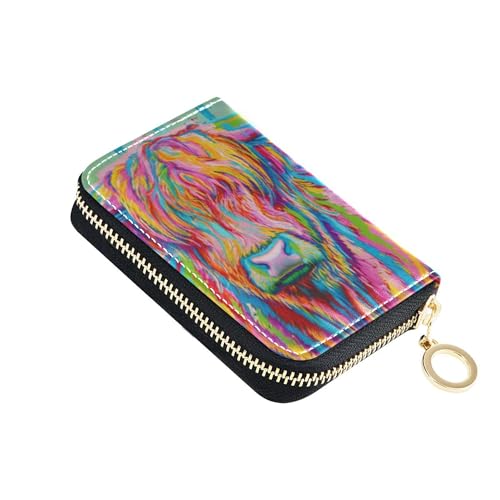 Colorful Paint Highland Cow Women's Wallet Small Credit Card Wallets RFID Blocking Fun Zipper Coin Purse with Key Ring