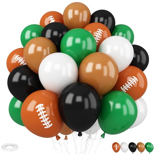 Image of Football Balloons, 30 Pcs 12inch Brown Black Green Nude Latex Balloon With Football Printed Balloons for Boys Rugby Birthday Party Super Bowl Sport Theme Party Decorations