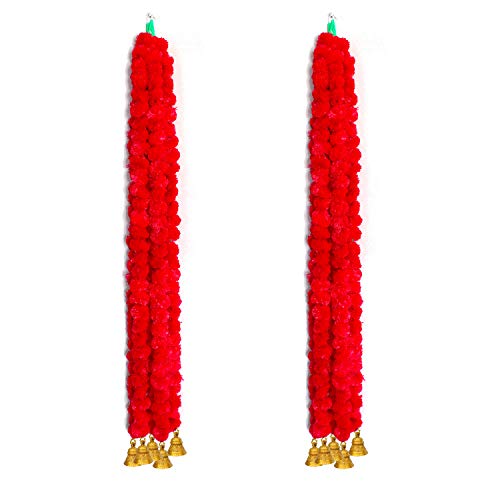 Image of iHandikart Handmade Decorative Marigold Artificial Fluffy Garland with Bell in The Bottom, Size 60x2.5 inches Used for Navratri Decoration|Diwali Decoration for Home Decor| Red Colour (Pack of 10)