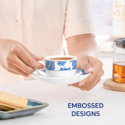 Image of Larah by BOROSIL 140ml Opalware New Iris Tea /Coffee 6pc Cup & 6pc Saucer Set, Microwave & Dishwasher Safe Embossed Design Crockery Set Ideal for Daily Use & Gifting