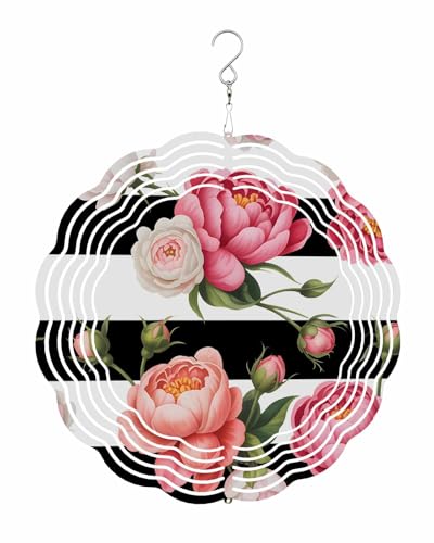 Floral Wind Spinners, Peony Black and White Stripes Hanging Wind Spinners for Yard and Garden 3D Stainless Steel Metal Sculptures Crafts Ornaments 12 Inch