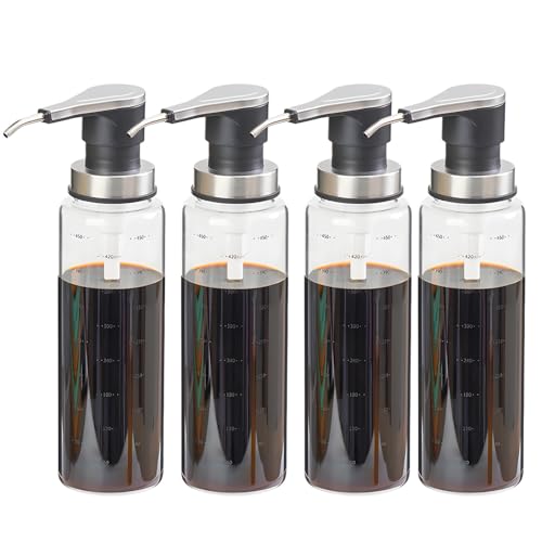4 dispensadores de jarabe de café de vidrio transparente de 16.9 onzas, prensado de acero, botellas de salsa, recipientes de aderezo de ensalada, bomba de diseño a prueba de fugas
