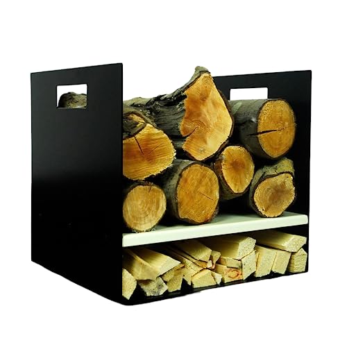 Volcann Compact Steel Firewood Log Basket - Fireplace Wood Holder Metal Handy Rack, Storage for Woodstove, Fireside Accessories - British Steel - Ivory White Shelf