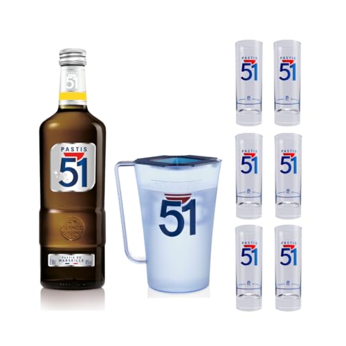Pack PASTIS 51 Apéritif anisé Pastis de Marseille + 6 verres + 1 Carafe - 45%, 70cl