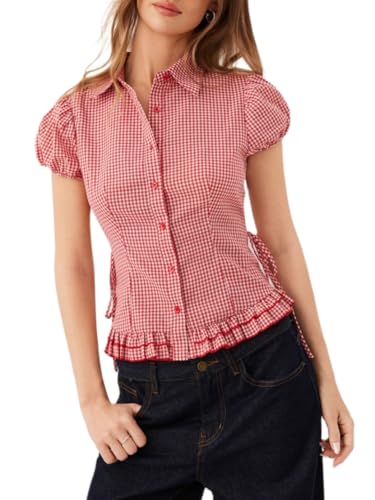 Image of Felcia Women's Y2K Plaid Shirts Gingham Short Puff Sleeve Button Down Ruffled Hem Fitted Top Vintage Going Out Blouse (Red, M)