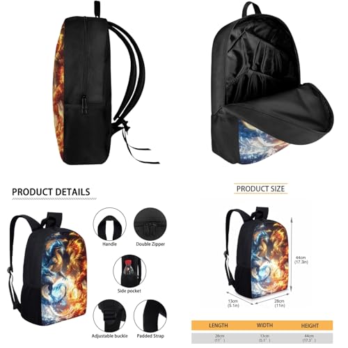 Cool Dragon Boys Backpack 3 Piece Set for 4-8T Kids School Bag,Flame Bookbag for 1St 2Nd Children Daypack 17 Inch Daypack with Water Bottle Lunch Bags for Travel4
