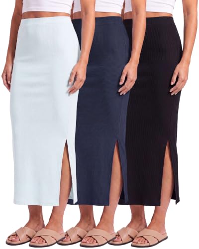 3 Pack Women's Ribbed Maxi Long Skirts High Waisted with