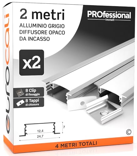 Eurocali Profilo Alluminio per Strisce LED 2 metri - Copertura Opaca - Installazione a Incasso - 17.4 x 7mm - Pacco da 2 (4m)