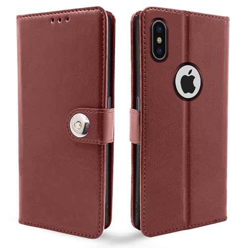 Image of Pikkme Flip Cover Leather Finish | Inside TPU with Card Pockets | Wallet Stand and Shock Proof | Complete Protection Button Flip Case iPhone X /Xs (Brown)