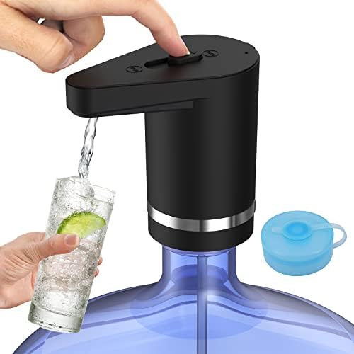Water Bottle Pump Dispenser 5 Gallon, Manual Straight Plug Button, Automatic Drinking Water Pump, USB Charging with jug Cap, Black