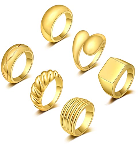 KOHOTA 6PCS Thick Dome Chunky Rings for Women 18K Gold Plated Braided Twisted Signet Ring Big Croissant Ring Minimalist Statement Ring Size 5-9
