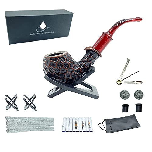 Tongyi Tobacco Pipe,Tobacco Smoking Pipe Set,Smoking Pipe with 3-in-1 Pipe Scraper, Pipe Cleaning Tools, Pipe Filters, Brackets and Smoking Accessories,Bonus a Pipe Pouch, Brown, 2X6in