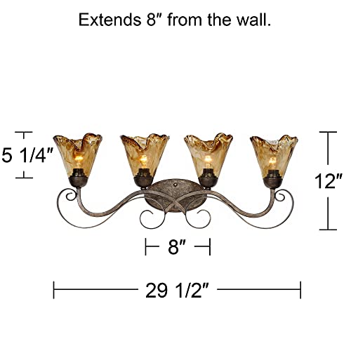 Image of Franklin Iron Works Amber Scroll Rustic Vintage Wall Mount Light Golden Bronze Silver Metal 29 1 /2 inch Wide 4-Light Vanity Fixture Organic Art Glass Shades Decor for Bathroom Over Mirror House Home