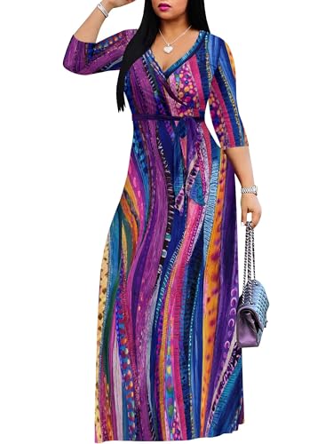Image of Women's V Neck Floral Maxi Dress 3 /4 Sleeve Plus Size Boho Wrap Flowy Long Dresses with Belt