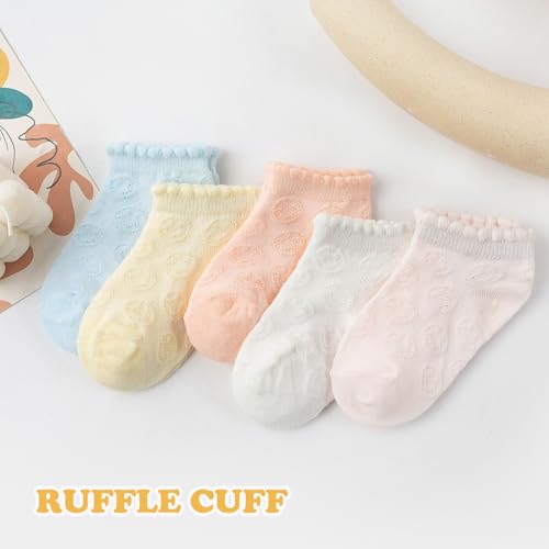 5 Pack Girls Boys Low Cut Socks with Ruffled Cuff Smiley Faces Mesh Thin Cotton Summer No Show Socks for Toddler Kids4