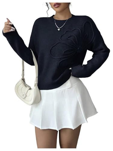 Image of RoseSeek Women's 3D Floral Appliques Crewneck Sweaters Long Sleeve Drop Shoulder Pullovers Elegant Knit Tops