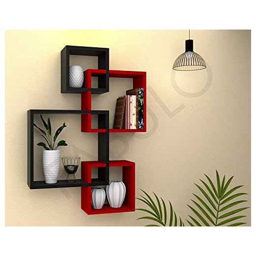 Timberhub Wooden Glossy Intersecting Wall Mounted Book Shelves for Living Room Home Decoration for Office Decor (Red & Black)