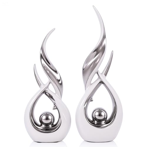 Lot de 2 statues en céramique blanche et argentée pour décoration d'intérieur, sculptures d'art abstraites modernes, objets décoratifs de table élégants...