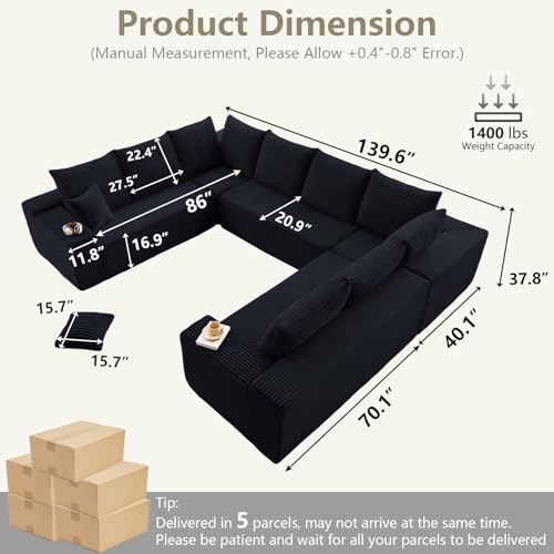 Image of Sectional Cloud Couch for Living Room, Big Comfy Corduroy Couches Set with Fluffy Memory Foam, Modular Floor Deep-Seat Sofa, Stupendous U Shaped Sofas with 12 Pillows, No Assembly Required, Black