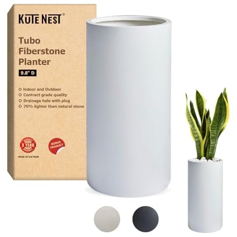 KUTE NEST 19.5" H Fiberstone Tubo Planter, Taupe, 8.2" Pot Opening, Minimalist Cylinder Planter Drainage Pots, Lightweight Plant Pots Outdoor for Plants, Modern Porch Planters, Indoor Tree Pots Cover