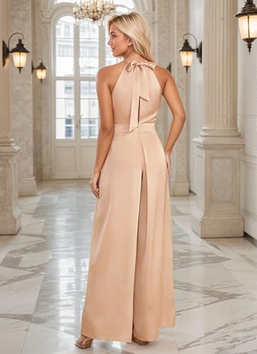 Halter Formal Jumpsuits for Women Satin Long Wide Leg Pants High Waist One Piece Outfits with Pockets Rompers2