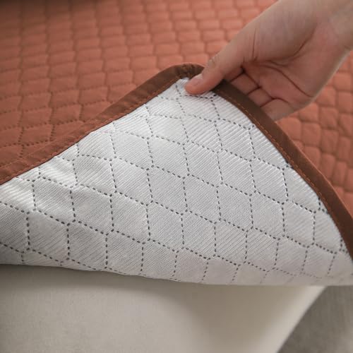 Image of HOKIPO Quilted 1 Seater Sofa Cover Set, One Seat Mat with Two Armrest Covers with Pockets, Brown (IN-716+IN-787-BR*2)