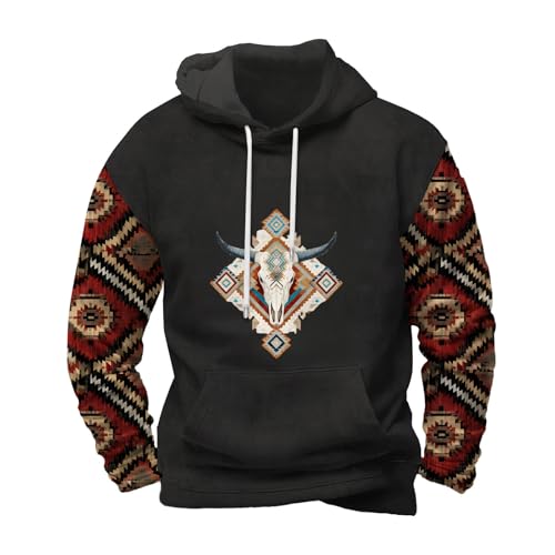 Men's Western Aztec Sweatshirts Ethnic Print Graphic Patchwork Hoodies Casual Pullover Tops with Drawstring Pocket