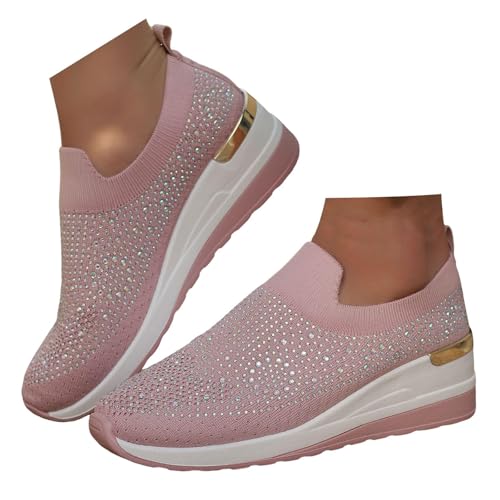 Rhinestone Sneakers for Women 2025,Women's Rhinestone Mesh Slip-On Walking Shoes Fashion Breathable Spakle Glitter Sneaker Orthopedic Wedge Lightweight Shoes Sparkly Bling Loafer