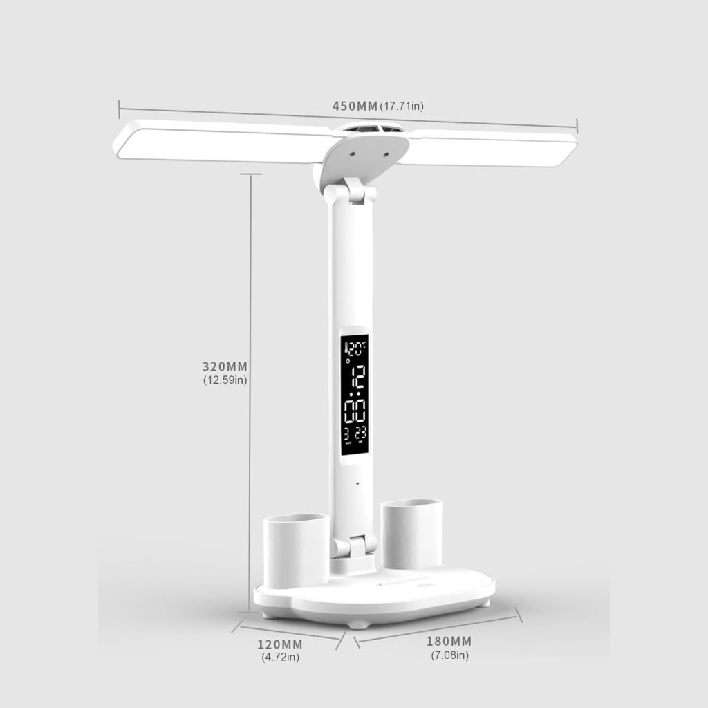 Regulowana lampa biurkowa z podwójną głowicą z wbudowanym uchwytem na długopis, zasilana przez USB, tekstura światła do czytania do nauki i biura