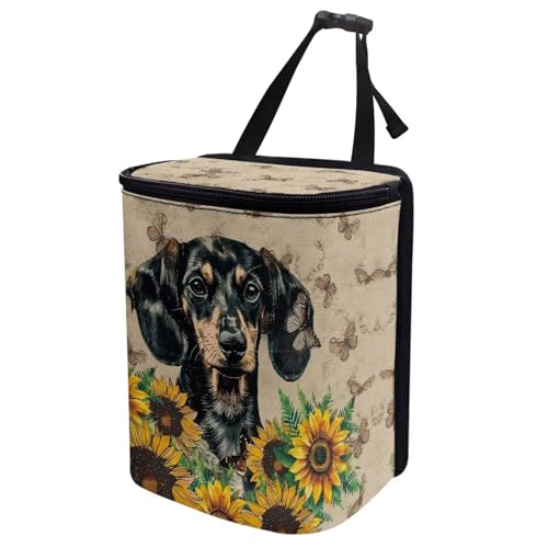 Image of Talayituse Dachshund Sunflower Butterfly Print Car Trash Can with Lid, Leak Proof Auto Trash Bag Hanging Vehicle Garbage Can Multipurpose Storage Container for Back Seat Road Trip