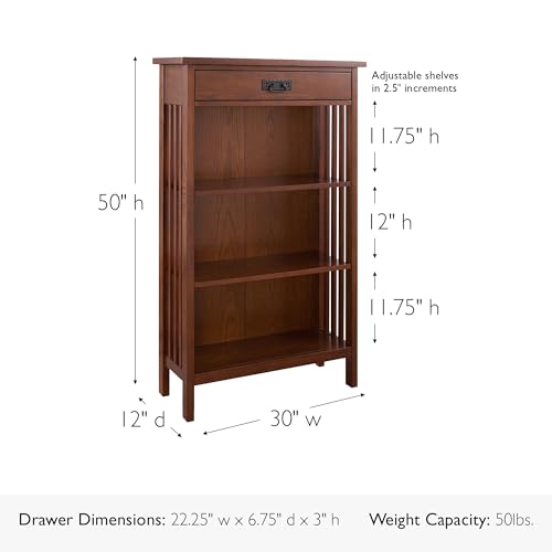 Image of Leick Home 82262 Mission Mantel Height Bookcase with Slatted Sides and Top Drawer, Made with Solid Wood, for Living Rooms, Mission Oak Finish, Brownbronze