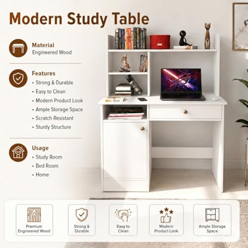 Image of SPYDER CRAFT Modern Indus Engineered Wood Study Table with Storage Shelf | Clean Minimalist Computer Desk for Home, Office, & Bedroom | Durable & Easy to Clean - (White) (Assembly DIY)